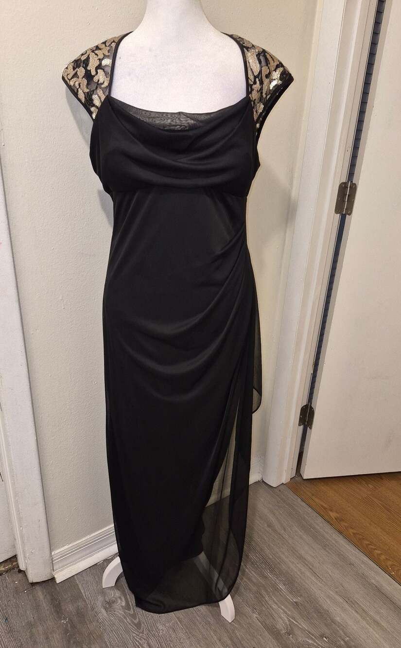 Xscape Black Evening Gown Dress Size 10 Cowl Neck Sequin Shoulder Details